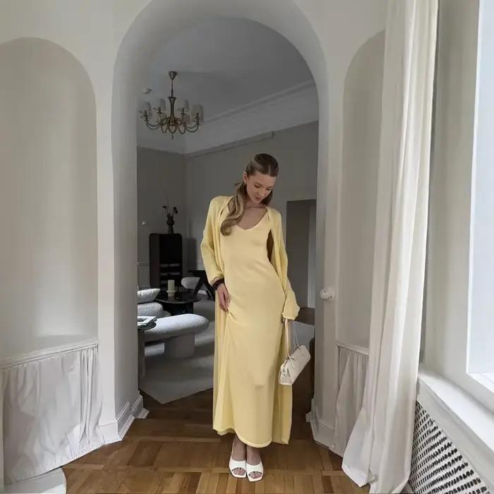 Femmes léger luxe coupe ajustée tricoté manteau robe costume mode élégant solide doux décontracté maison