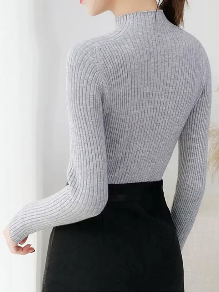 Femmes côtelé tricoté chandails 2026 automne hiver pull col montant à manches longues mince
