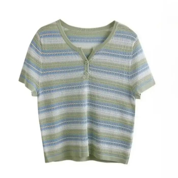 Pulls tricotés rayés à col rond et petit décolleté en V pour femme OLrain – Collection été 2026 – Tendance et confort