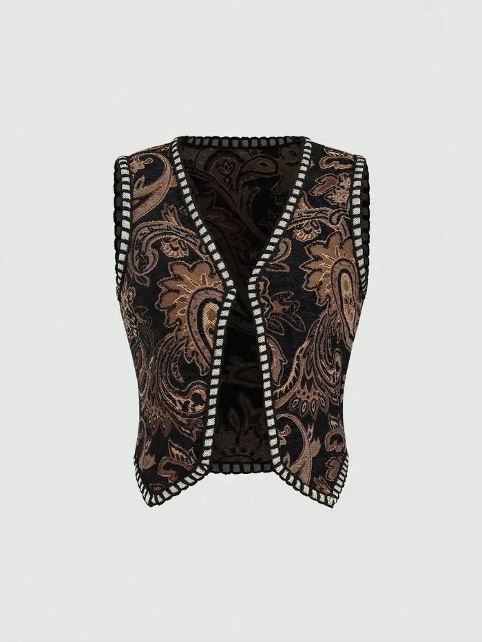 Gilet en tissu vintage à motif cachemire avec bordure dorée