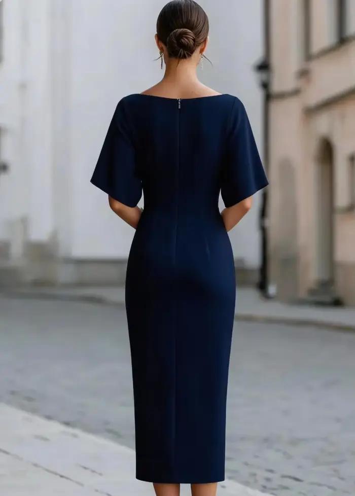 Robe midi moulante à col bateau et manches courtes, élégante et ajustée, style crayon