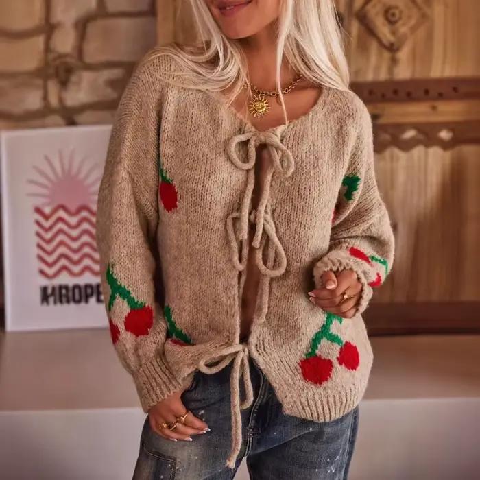 Veste Cardigan tricotée en Jacquard cerise pour femmes