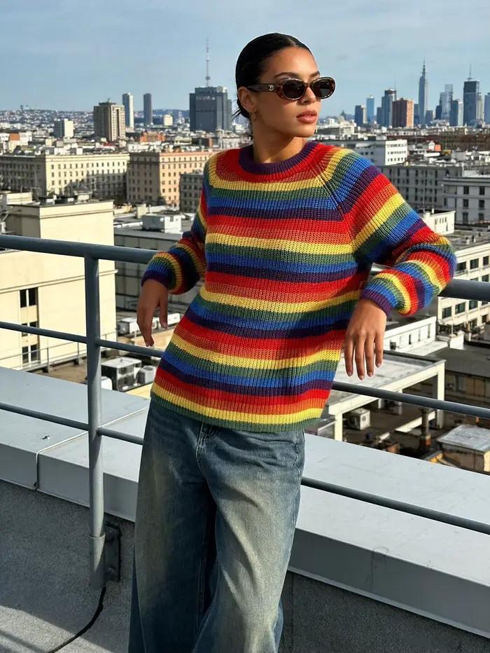 Nouveau Pull Femme 2026 Rayé Arc-en-ciel Vintage Ample Tricoté Manches Longues Décontracté