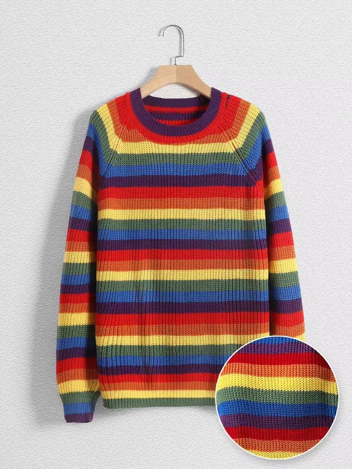 Nouveau Pull Femme 2026 Rayé Arc-en-ciel Vintage Ample Tricoté Manches Longues Décontracté