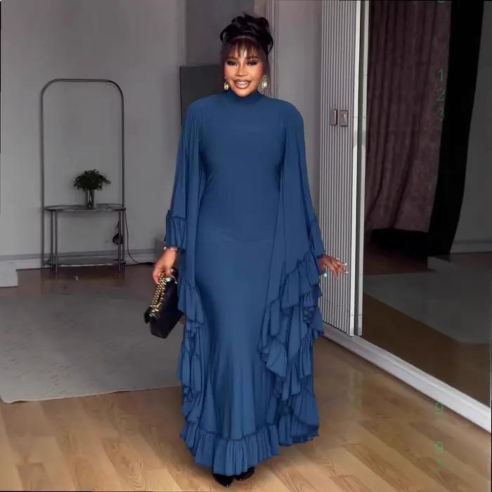 Robe longue élégante à col montant, couleur unie, taille à volants, robes trapèze pour femmes, robes maxi fluides printemps-été