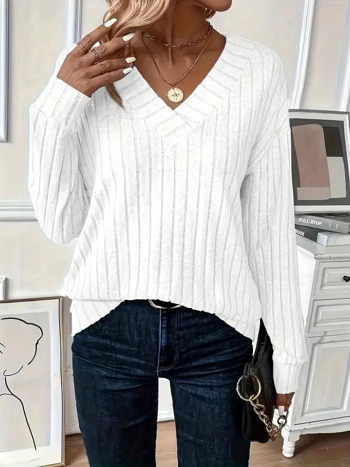 Pull en tricot côtelé à col en V grande taille pour femme en tissu doux et chaud