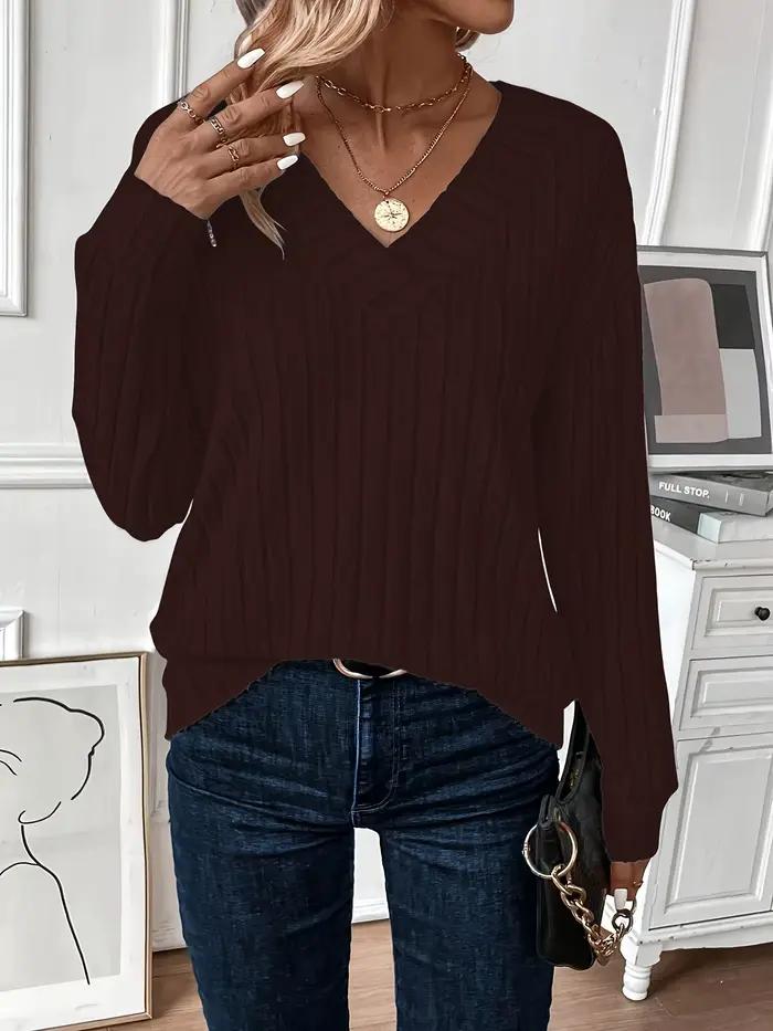 Pull en tricot côtelé à col en V grande taille pour femme en tissu doux et chaud