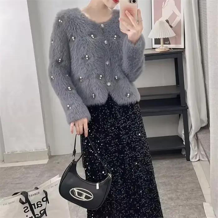 Cardigan en velours pour femme, style streetwear, coupe ample, col en V, avec volants, pour automne et hiver, nouveau modèle 2025, haute qualité