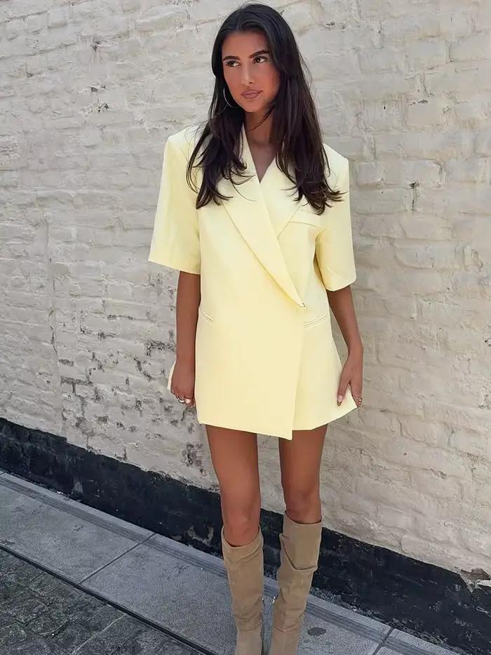 Beurre jaune recadrée Blazers manteaux femmes mode revers ample demi manches veste été bureau dame trajet Streetwear 2025