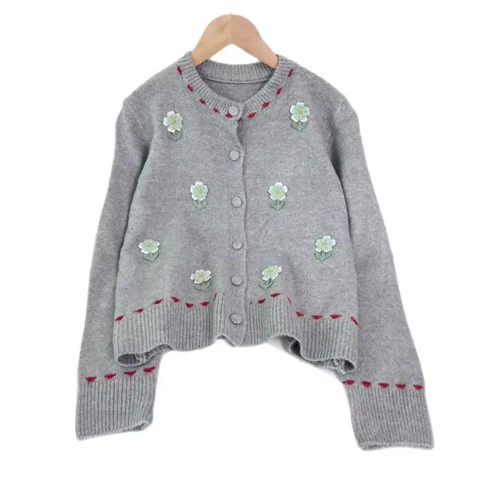 Cardigan tricoté à fleurs patchwork à col rond pour femme