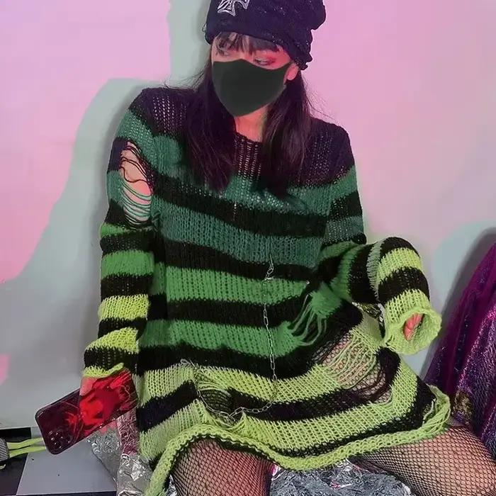 Nouveau violet rayé gothique chandails femmes déchiré trous lâche tricoté pull effiloché fée Grunge pulls Emo Streetwear Lolita