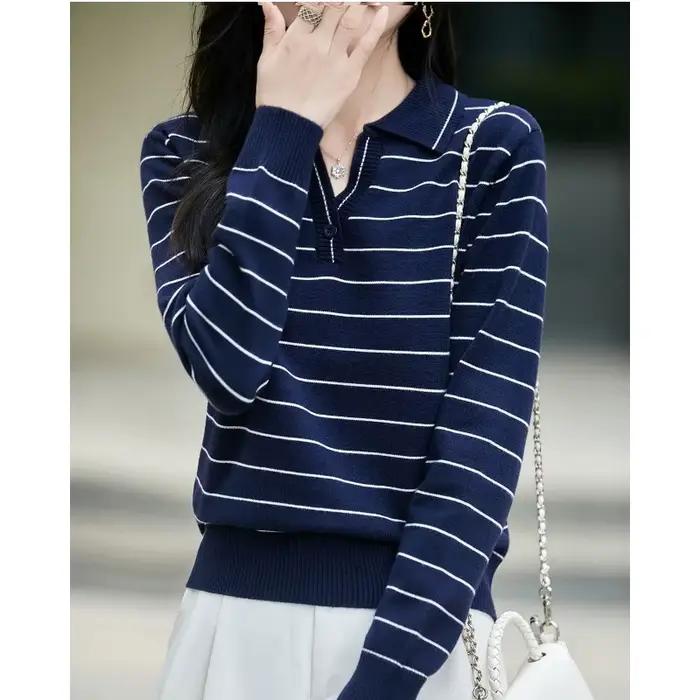 Pull à manches longues et col rayé de Style français pour femmes