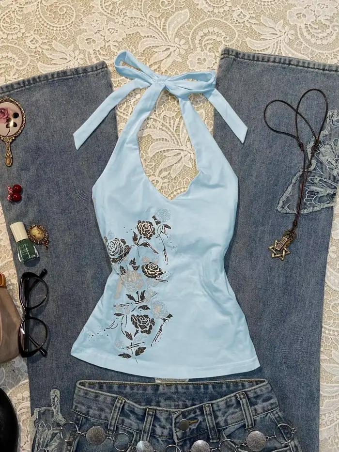 Gilet Camisole imprimé Vintage américain bleu Rose pour femmes