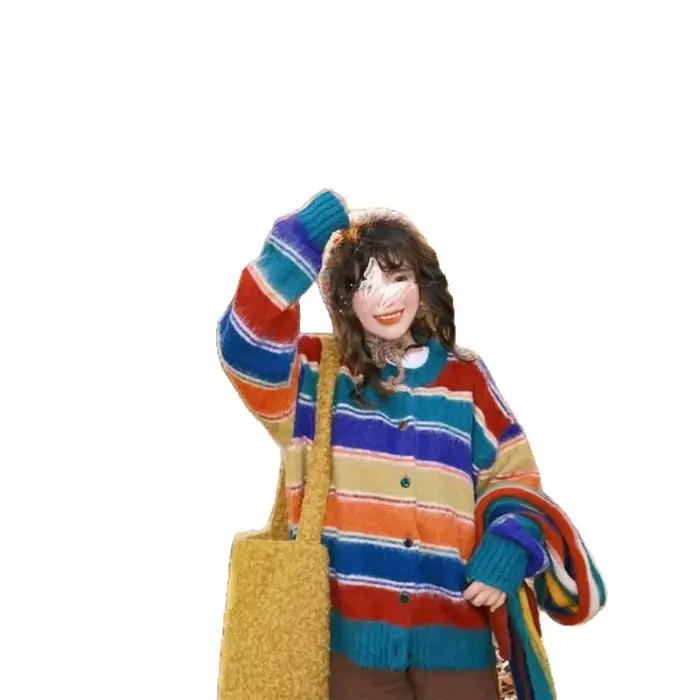 Cardigan de Style japonais à rayures arc-en-ciel