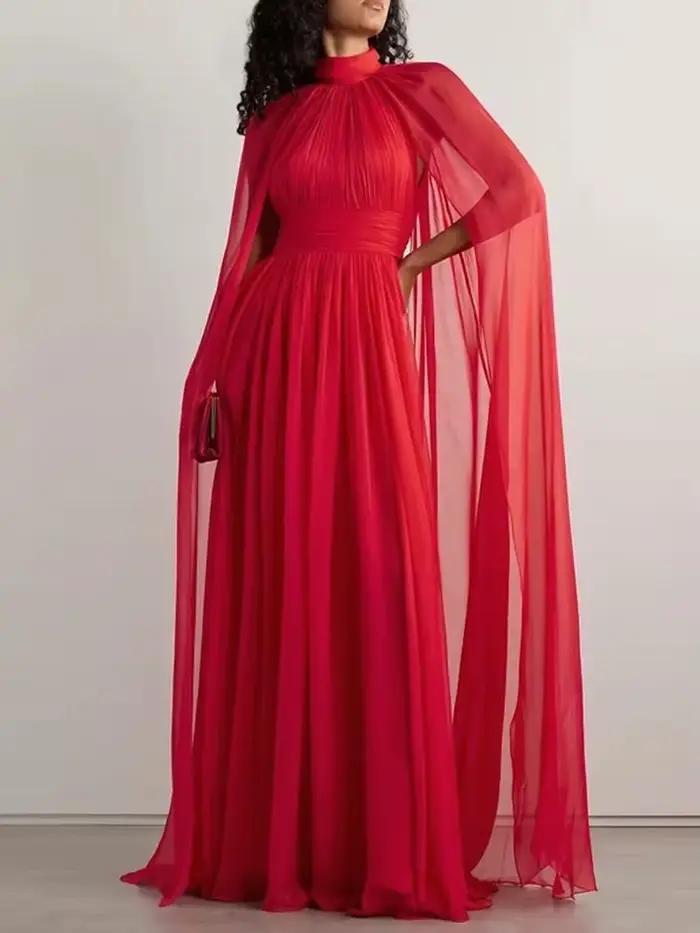 Robe de soirée rouge en mousseline de soie, col haut, manches Cape, robe Maxi plissée élégante pour Occasions formelles, robe longue de bal de qualité