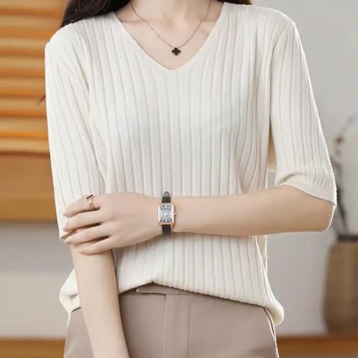 Pull tricoté en cachemire à manches courtes et col en v pour femme