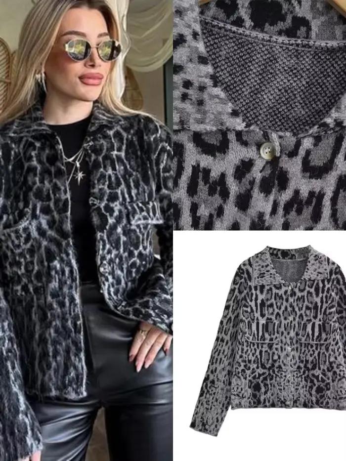 Cardigan en tricot pelucheux imprimé léopard pour femme