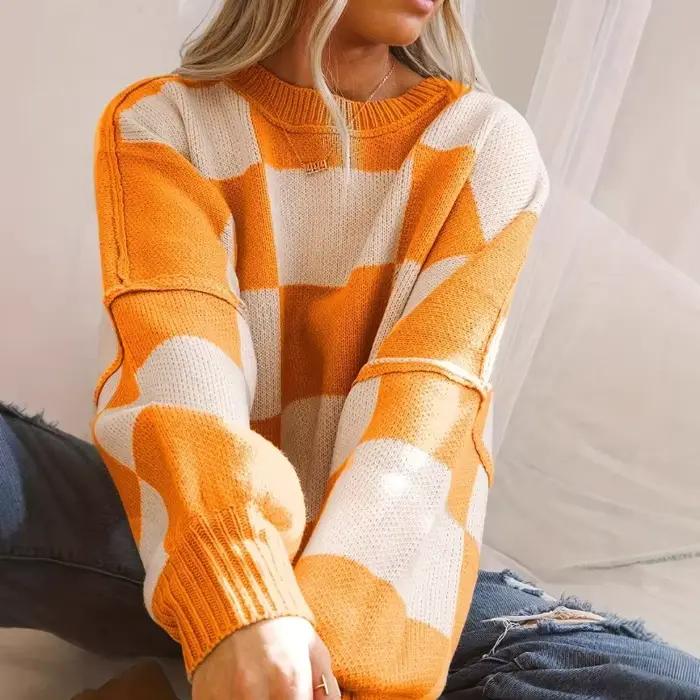 2025 pull nouveau couleur contrastée damier tricoté
