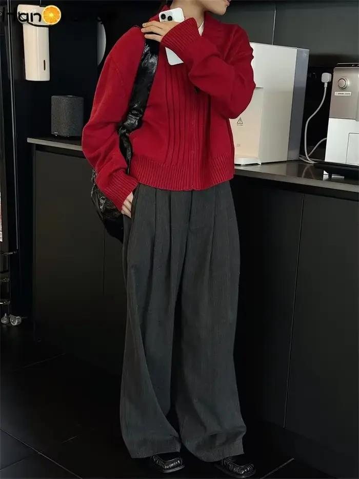 HanOrange 2026 – Nouveau cardigan ample à rayures larges pour femme, confortable et zippé, en tricot, idéal pour le printemps et les trajets quotidiens – Rouge/Bleu marine