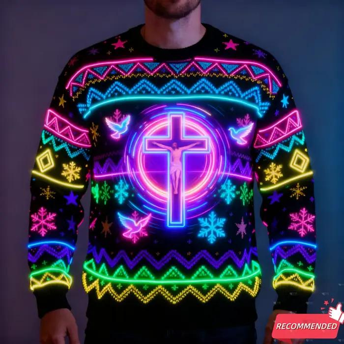 2025 nouveau faux néon jésus Santa impression 3D laid pull de noël joyeux