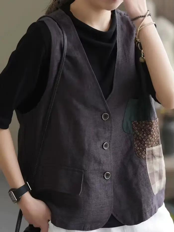 Gilets femmes Patchwork poches Vintage rétro respirant décontracté Chic Design élégant mode Style coréen vêtements de rue Ins nouveau confortable