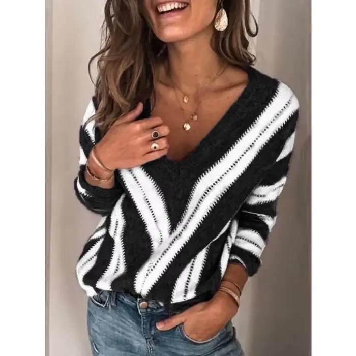 Pull en tricot à col en V rayé à blocs de couleur pour femmes