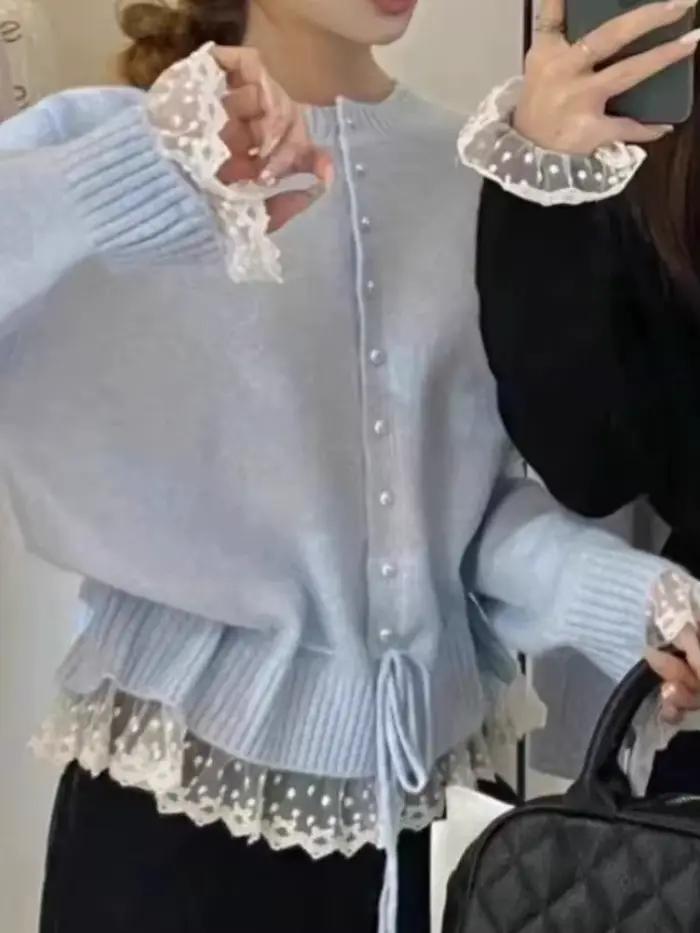 Pull tricoté femmes 2025 automne nouveauté perles boutons dentelle Patchwork chandails pulls Style coréen décontracté vêtements d'extérieur hauts