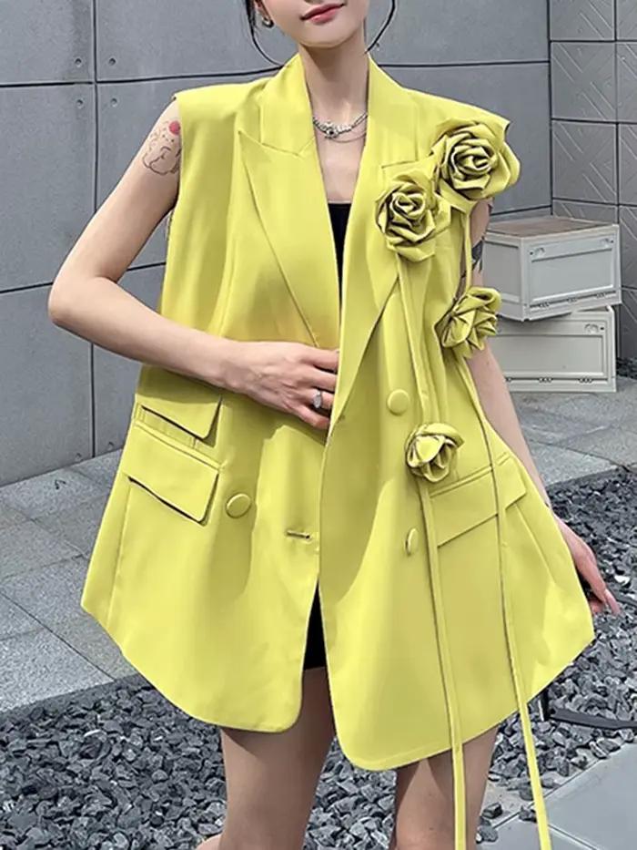 Gilet EAM en coton polyester jaune col rabattu pour femmes style streetwear toutes saisons occassions festive et quotidienne