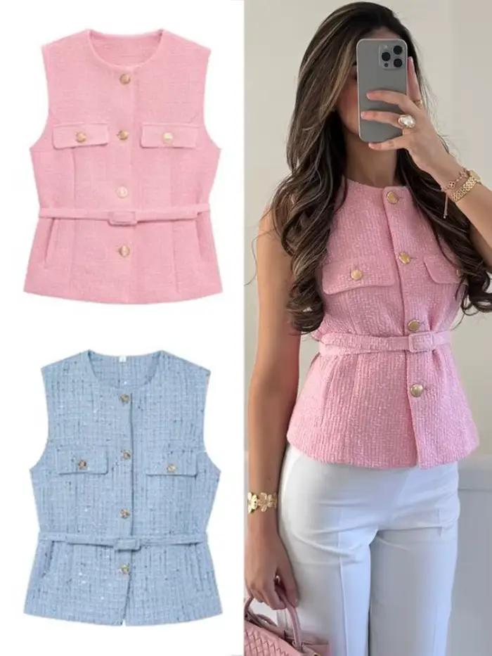 HH femmes élégant solide ceinture gilets hauts col rond bouton en métal sans manches gilet bureau vêtement d'extérieur
