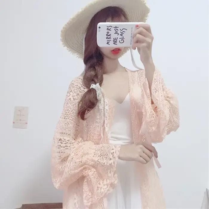Cardigan en Dentelle Ajourée à Manches sulfLanterne pour Femme