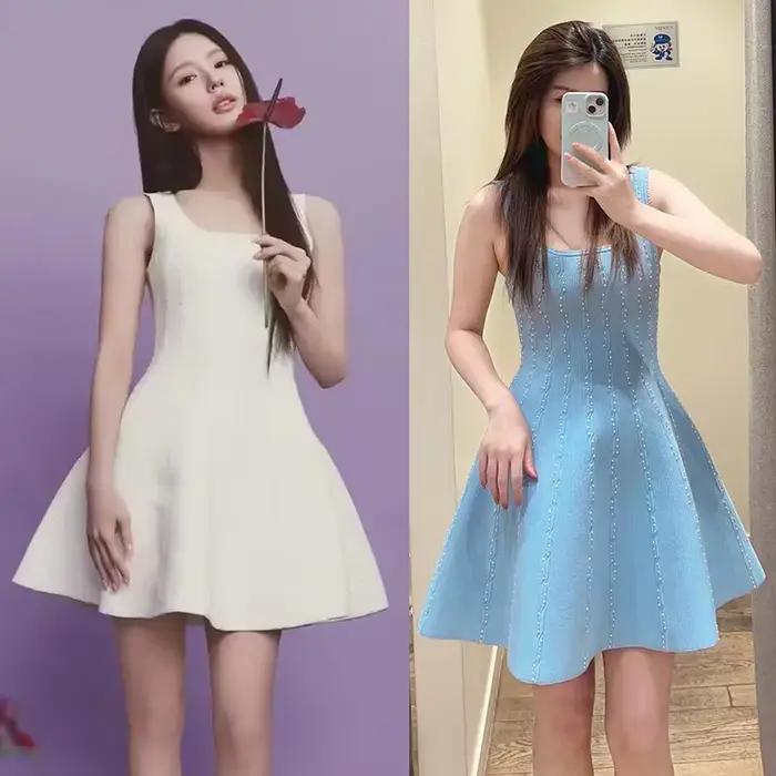 Robe Courte Femme Tricotée Décorée de Perles Col Carré Sans Manches Coupe Ajustée Taille Haute Printemps-Été 2026