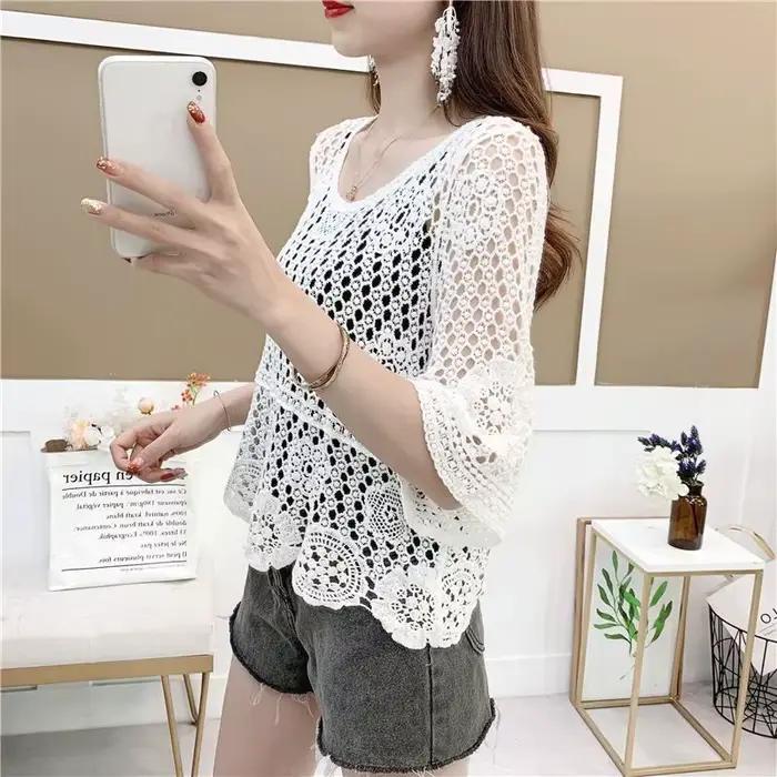 Pull tricoté fin ajouré pour femme printemps automne manteau court couvrir le ventre haut à capuche polyester motif géométrique mince F...