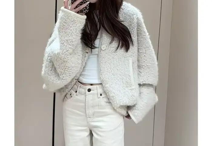 Cardigan blanc manteau d'agneau pour femme automne et hiver nouveau