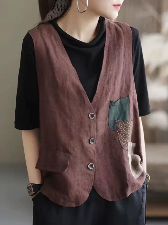 Gilets femmes Patchwork poches Vintage rétro respirant décontracté Chic Design élégant mode Style coréen vêtements de rue Ins nouveau confortable