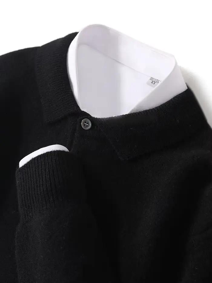 Pull à col POLO pour hommes, épais, manches longues, pulls d'affaires, 100% laine mérinos, chemise en tricot, vêtements de base, nouvelle collection automne hiver