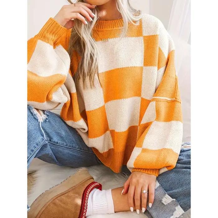 2025 pull nouveau couleur contrastée damier tricoté