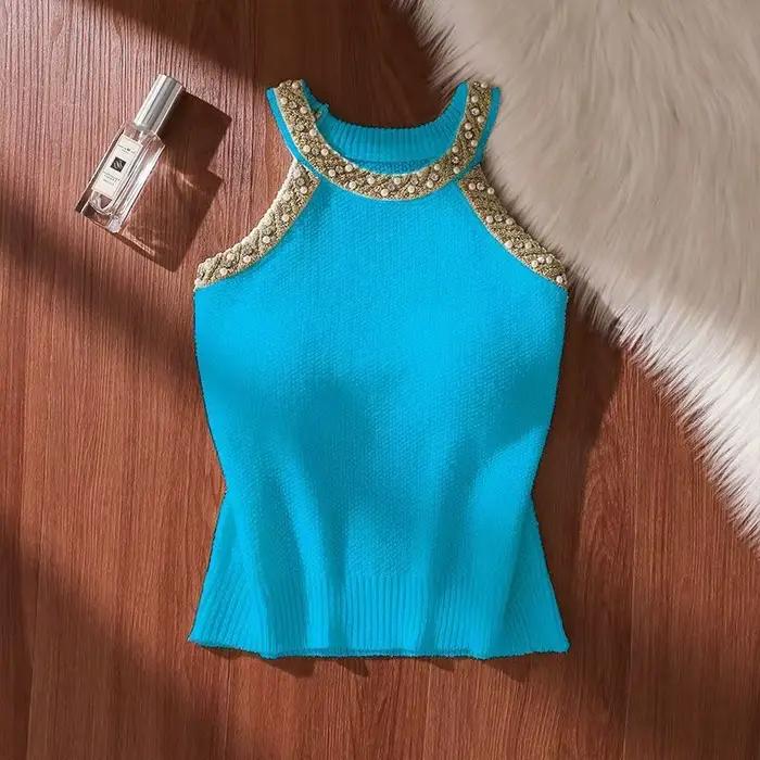 Femmes été Crochet sans manches pull gilet col rond perle or mode coréenne tricot débardeurs décontracté ample haut caraco