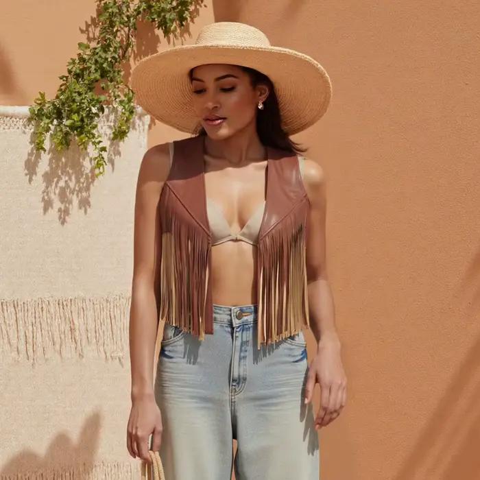 Puloru Vintage noir en cuir PU gland gilet années 70 Hippie Costume femmes sans manches recadrée Cowgirl Western vêtements d'extérieur Streetwear