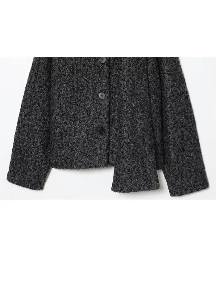 HH femmes Bouclé tissu écharpe col simple boutonnage décontracté manches longues ample court automne mode Style de rue manteau