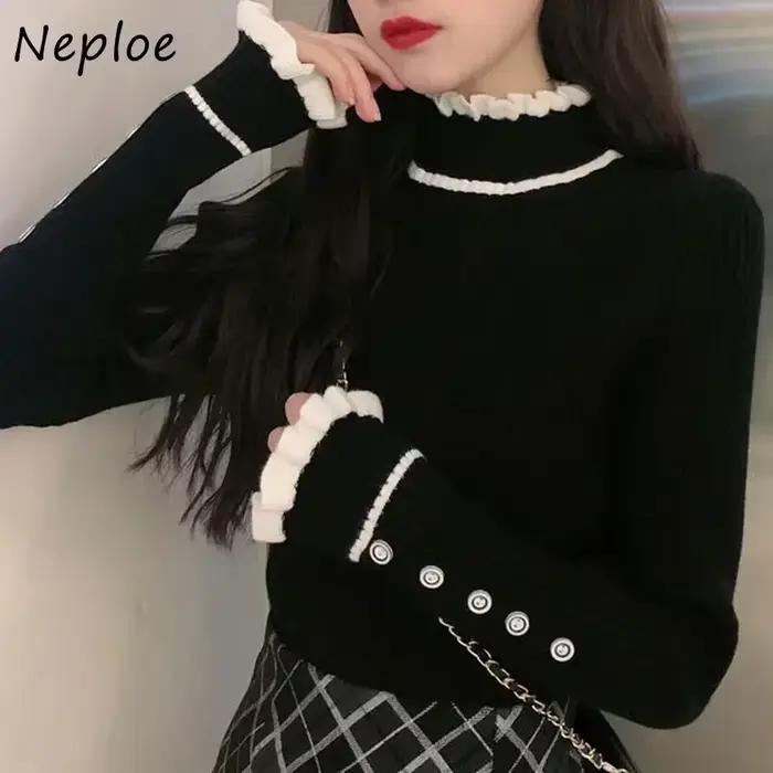 Neploe-Pull côtelé vintage à manches longues pour femmes