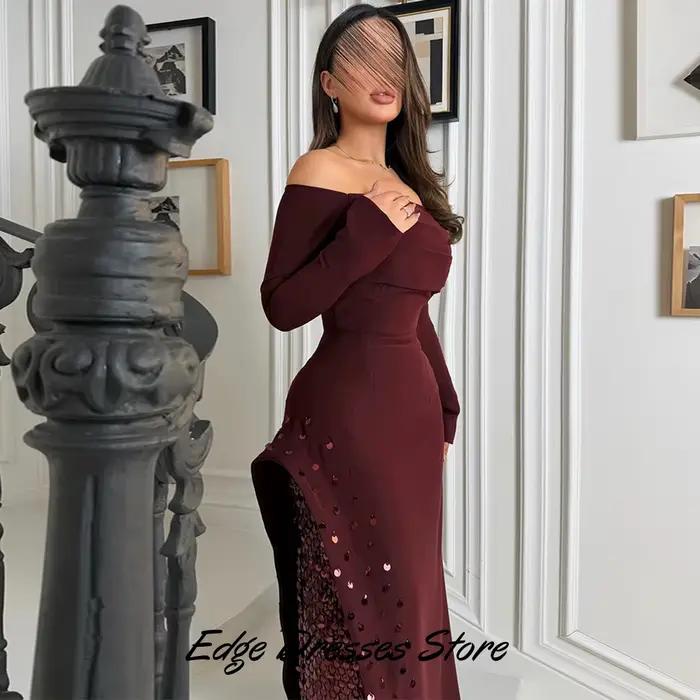 Robe de soirée rêveuse à col bateau et manches longues, scintillante, personnalisée, à sequins, robe de bal de promo, robe sirène classique en jersey, robes de célébrités