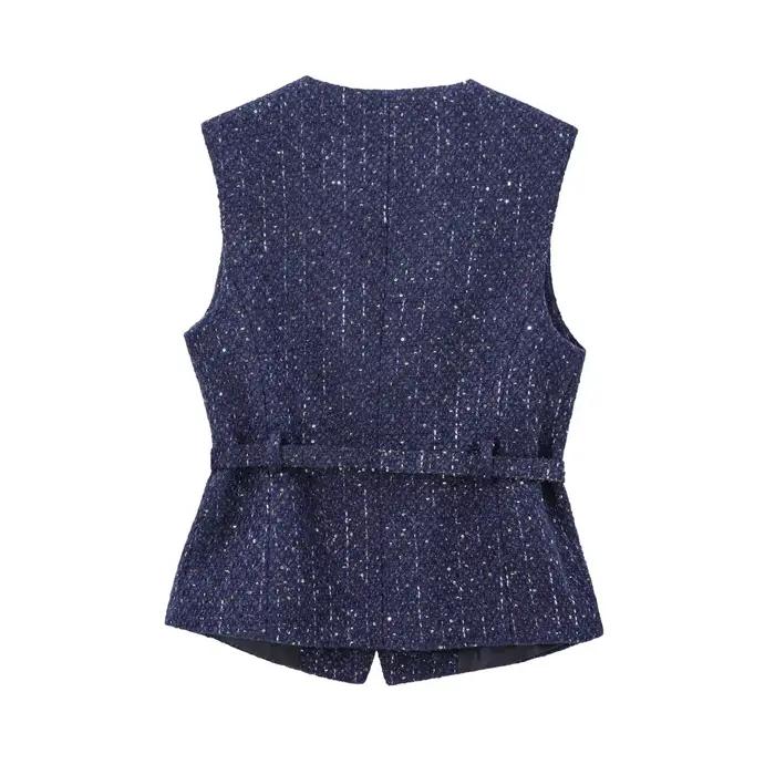 Vrouwen Pailletten Blauw gilet nouveau Mode Met Riem Vesten