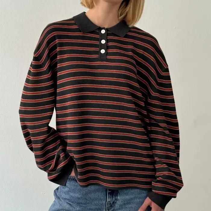 Y2k Vintage côtelé tricoté rayé col pull ample à manches longues