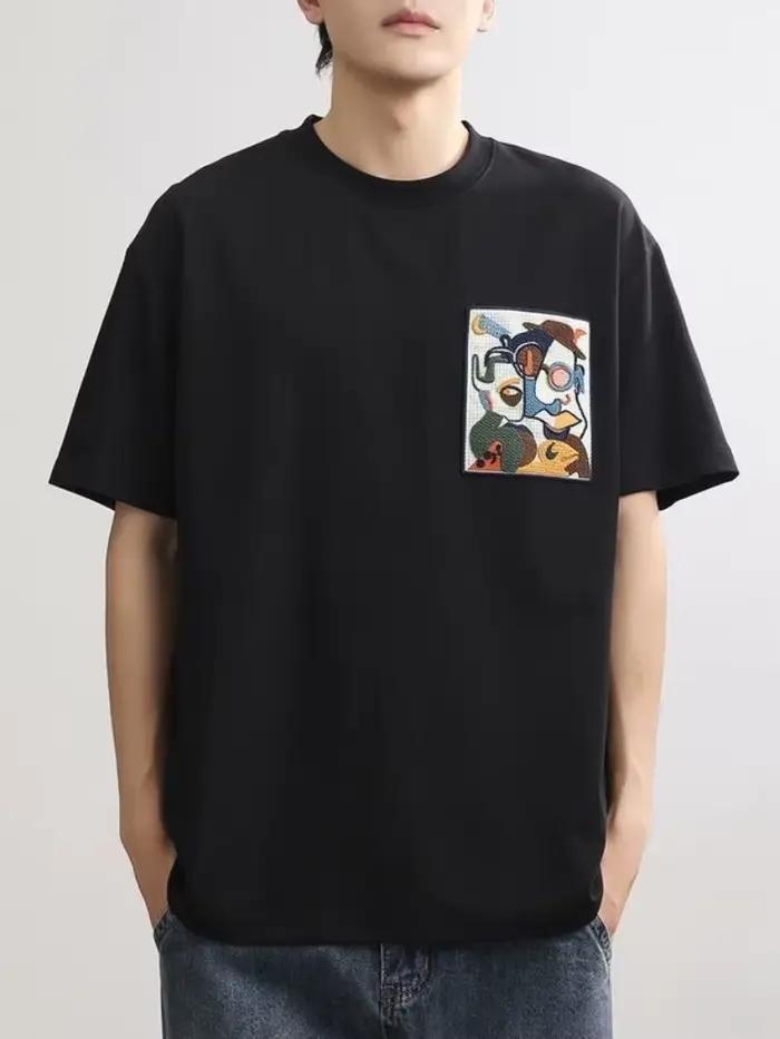 T-shirt col rond pour hommes, ample, brodé, chemises, Streetwear, vêtements esthétiques, Vintage, fête, vente en gros, bon marché