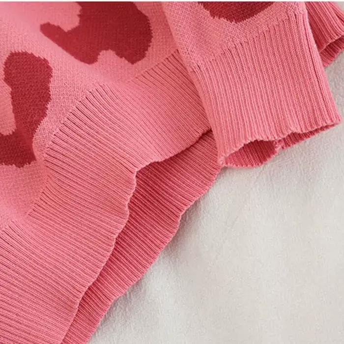Léopard Vintage acrylique tricot col rond à manches longues pull femme