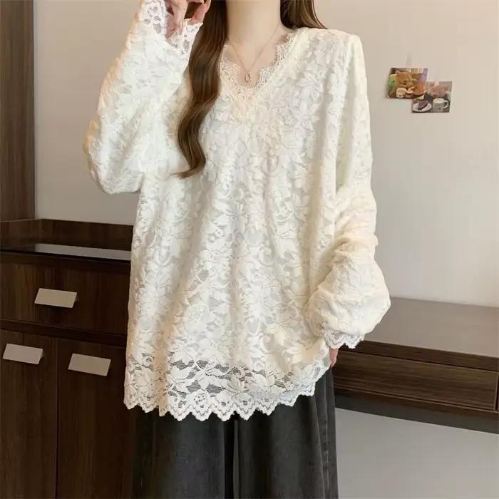Col en V dentelle Patchwork lâche coréen pulls haut automne hiver nouveau à manches longues solide doux t-shirts mode paresseux femmes vêtements