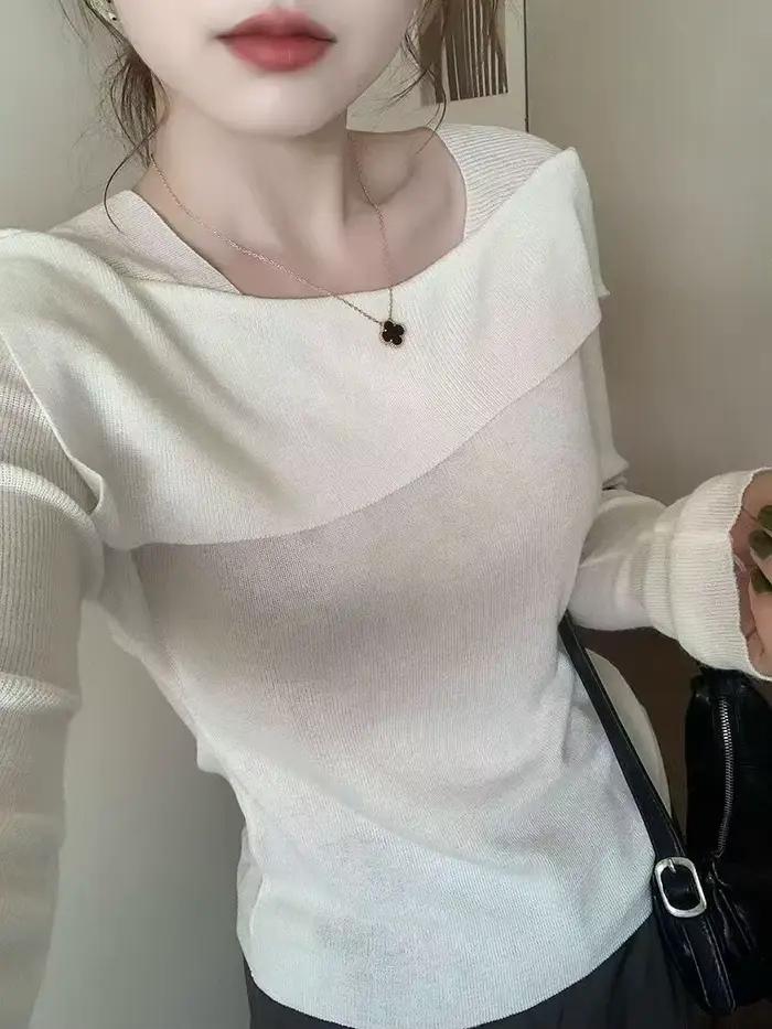 Haut en tricot à col irrégulier pour femme pour l'automne et l'hiver