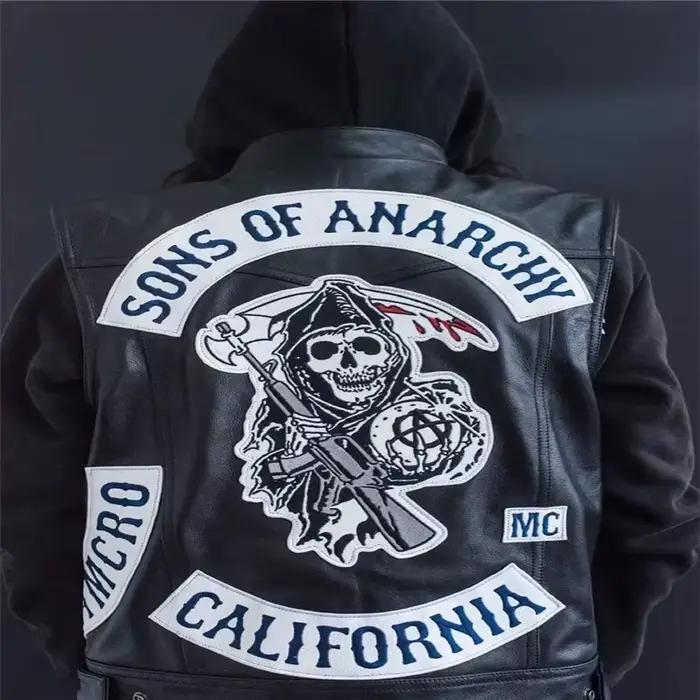 Gilet en cuir pour hommes, Costume de Cosplay de moto, veste sans manches, Sons An broderie Rock Punk, gilet en PU, col en V ukh