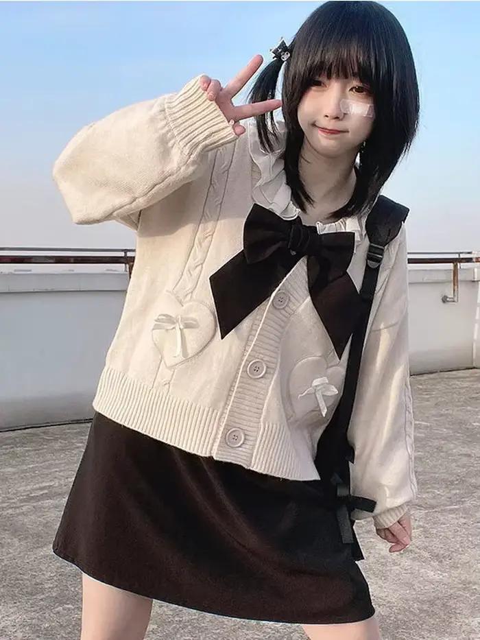 KOSAHIPastel-Cardigan japonais Kawaii avec poches à nœud en forme de cœur pour femme