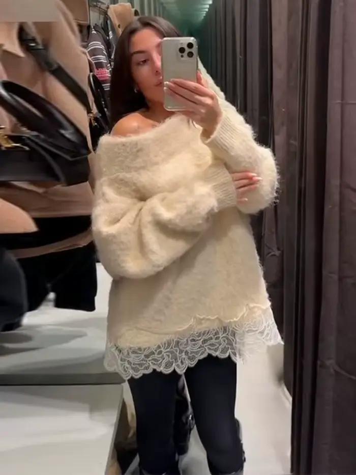 Pull en tricot patchwork en dentelle pour femmes